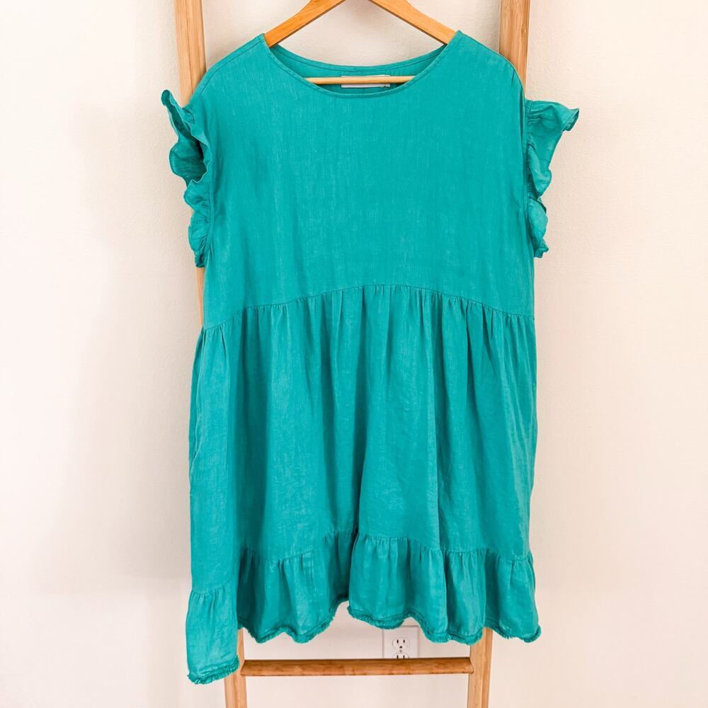 Haven Linen Ruffle Sleeve Mini Dress Turquoise Teal Women’s Size Medium Large
